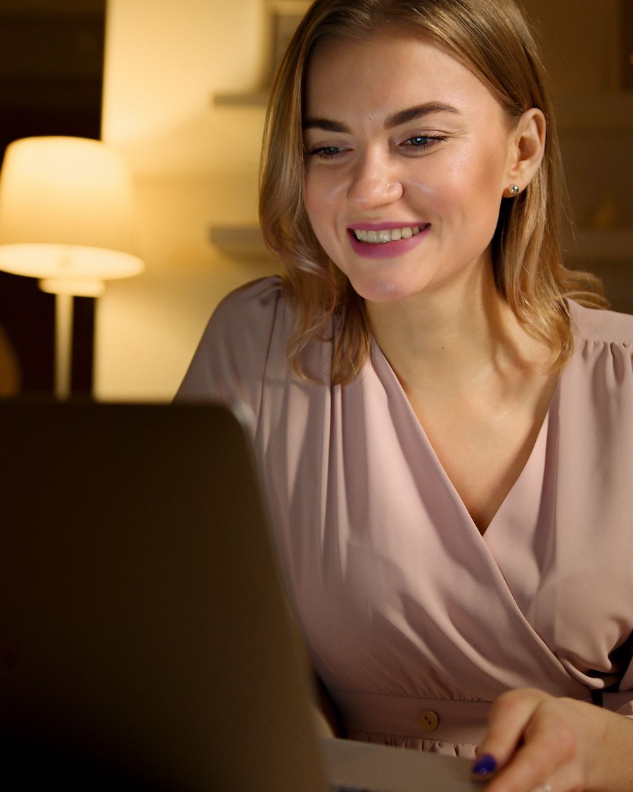 aluna sorrindo diante do notebook enquanto responde o teste de nivelamento